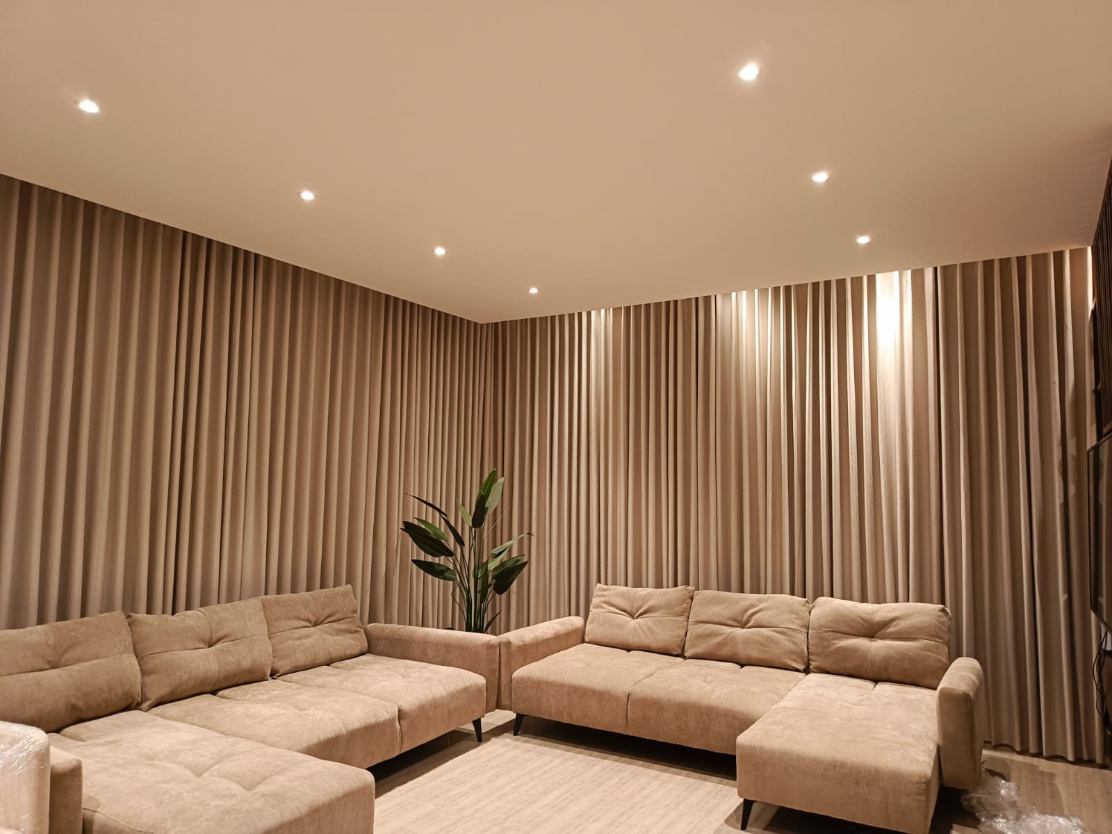 Corner Wall-to-Wall Taupe Curtains