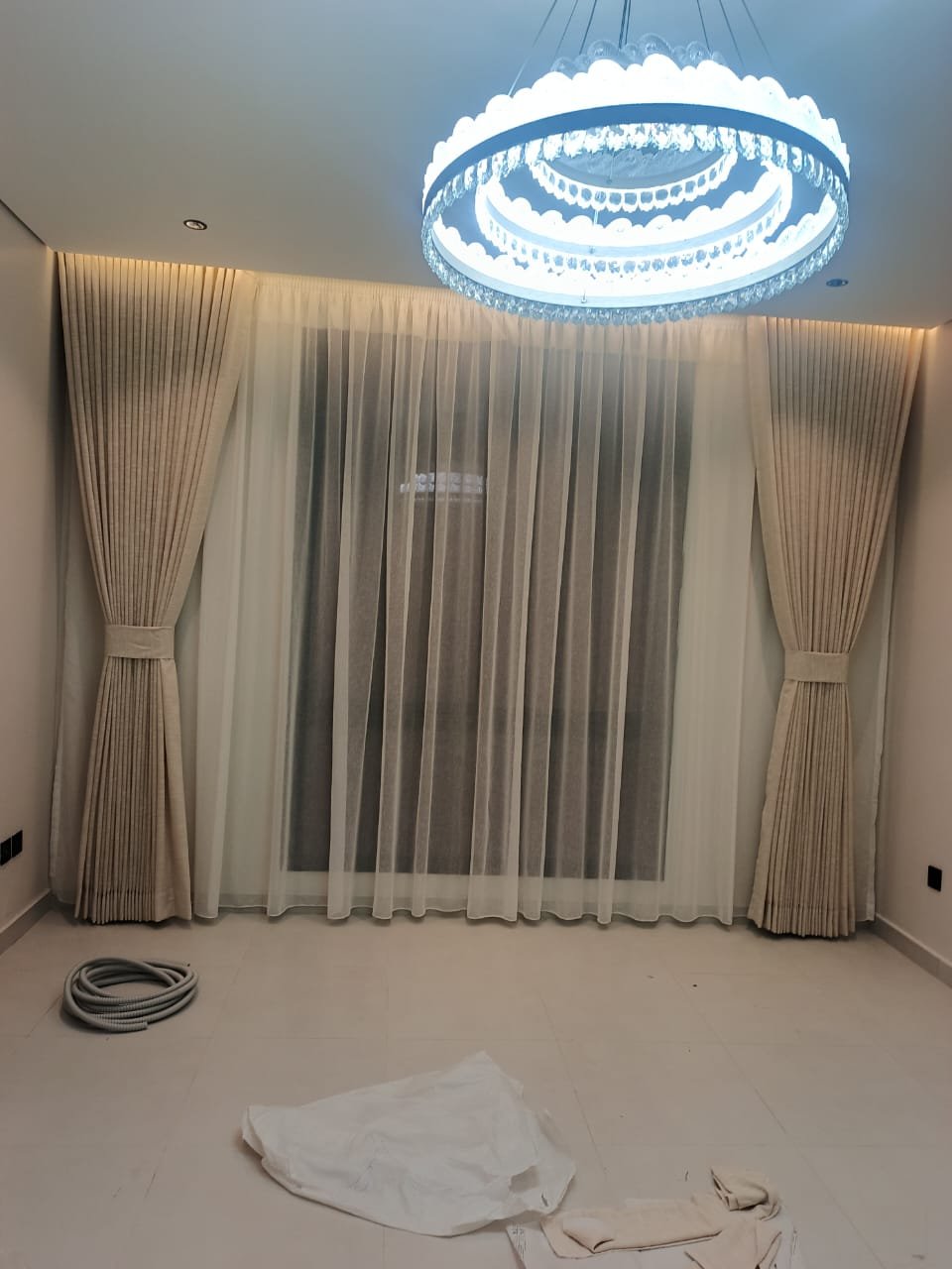 Beige Pleated Drapes with Sheer Layering